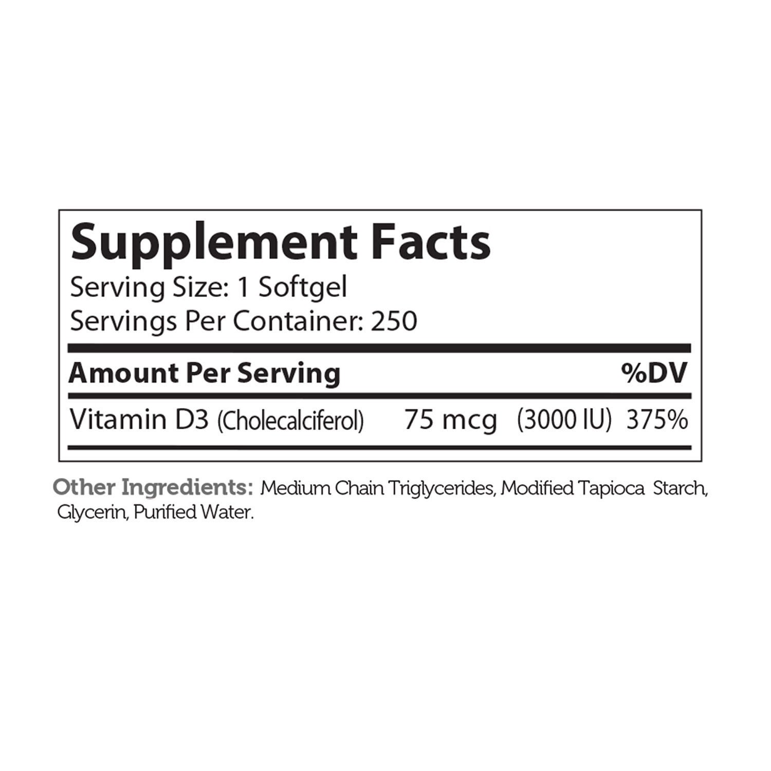 Vitamin D3 3000 IU - 250 Softgels (250 Servings)